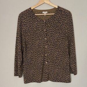 Garnet Hill Signature ECO Animal Print Merino Wool Cardigan Sweater Size L
